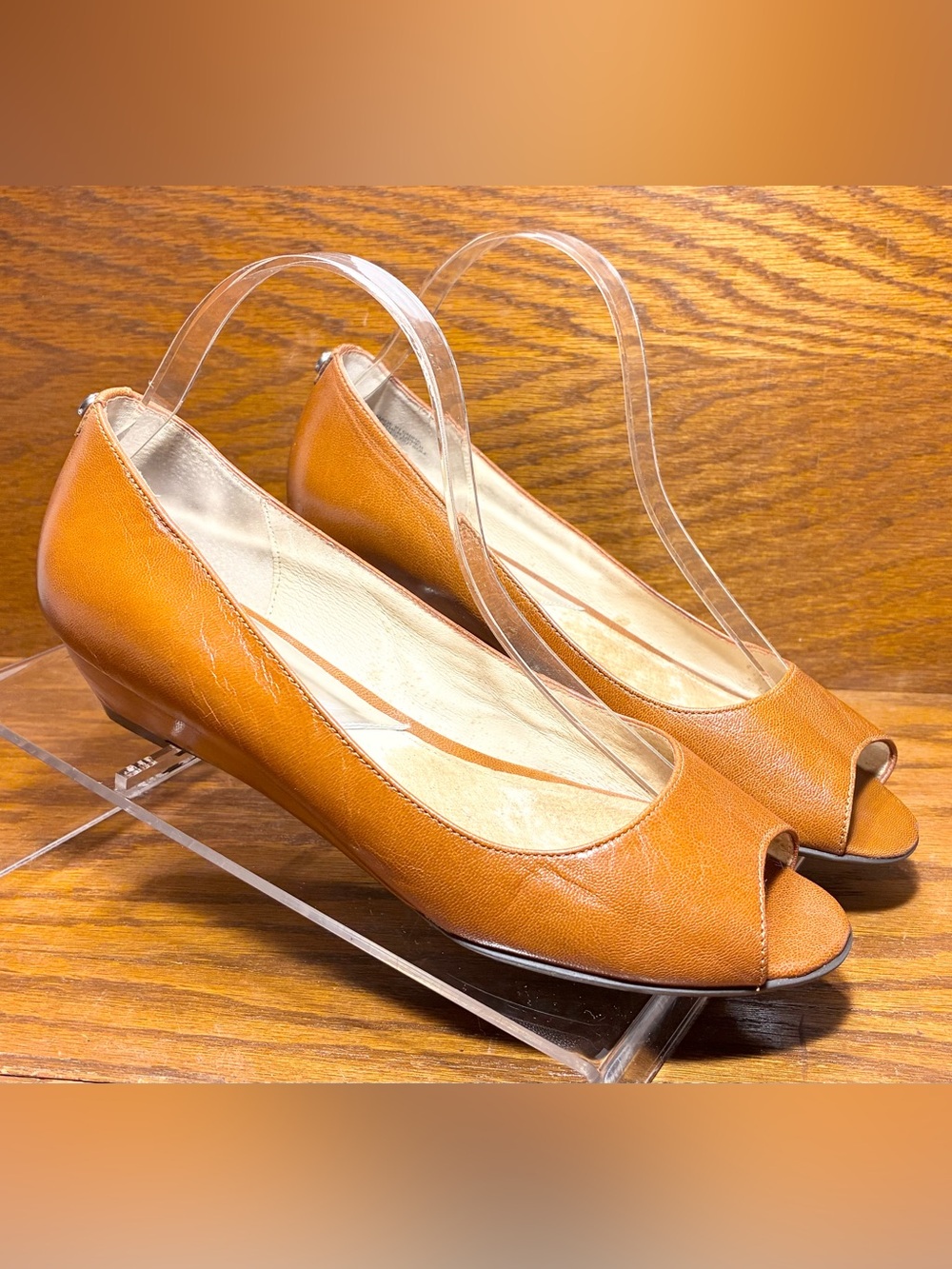 Michael Kors Peep Toe Wedge Pumps Cognac Brown Leather Size 8